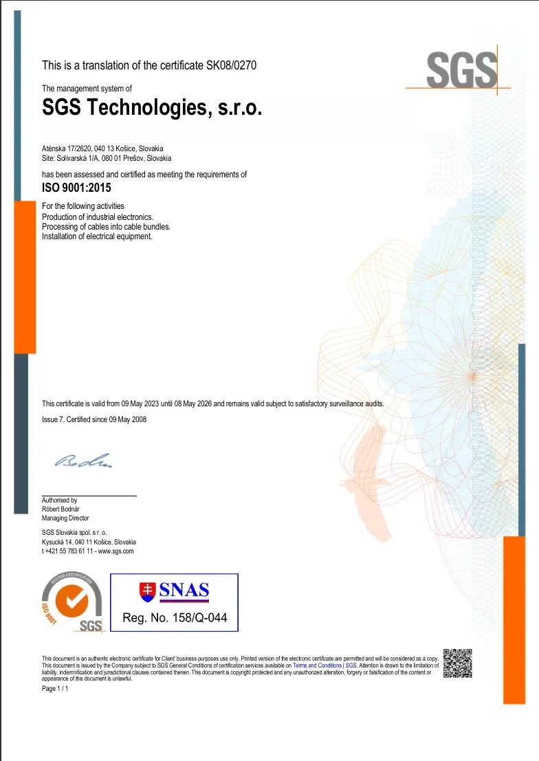 SGS Technologies ISO 9001:2015 quality management certificate